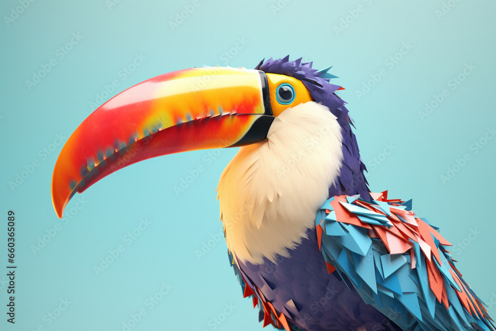 Obraz premium A pastel-colored geometric-themed Toucan illustration with angular shapes and delicate pastel shades, capturing the wisdom and grace of this majestic bird.