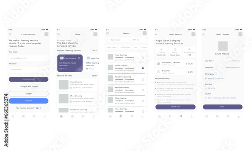 Laundry, Housework, Wash, Clean House and Offices and Cleaning Service Mobile App UI Kit Template