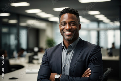 Smiling black executive posing with his arms crossed at the office looking at the camera