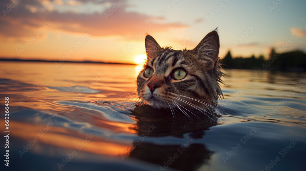 cat swimming in the river - obrazy, fototapety, plakaty 