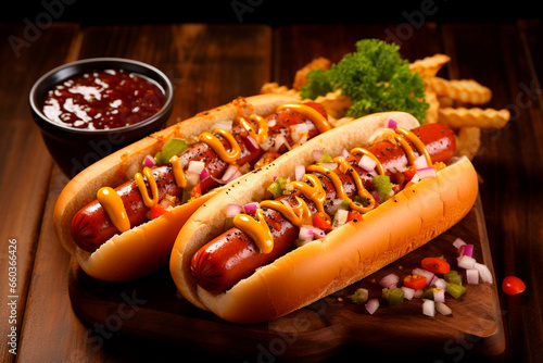 professional photography of two hot dogs on a white plate on a wooden table, there are two bowls with sauces. appetizing