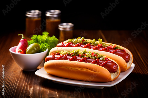 professional photography of two hot dogs on a white plate on a wooden table, there are two bowls with sauces. appetizing