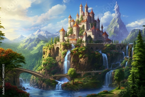 A captivating castle on a waterfall surrounded by vibrant greenery and majestic mountains. A scenic fairytale setting. Generative AI © Silas