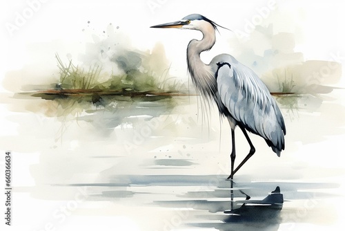 Wallpaper Mural Simplified watercolor of a heron in water on a white background