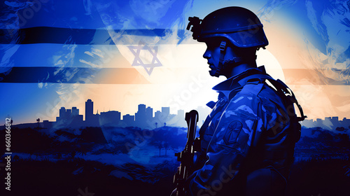 Silhouette of a modern armed soldier against the background of an evening city against the backdrop of a desert sunrise and the flag of Israel.  Arab-Israeli conflict. photo