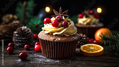 Christmas cupcake with red berries and candles on a dark background. generative AI.