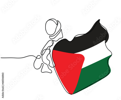 line art vector of Muslim man and woman with Palestinian flag. Muslim girl with hijab