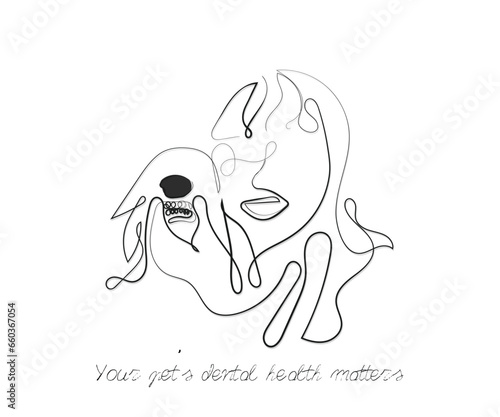 girl with dog. Line art of pets dental health. Pets poster. They need dental care too.
