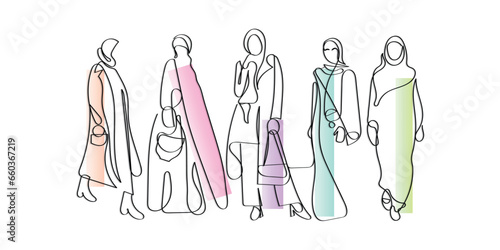 Line art concept vector of sisterhood in Islam. Hijab empowerment concept. Woman's day. Promote harmony and uplift eachother