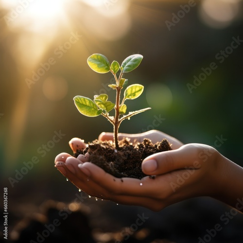 hand children holding young plant with sunlight on green