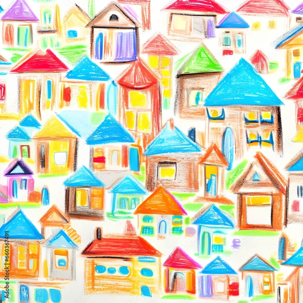 seamless pattern of houses colorful crayons children draw with childish style