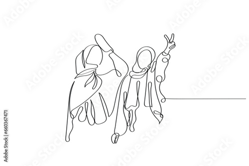 Line art concept vector of sisterhood in Islam. Hijab empowerment concept. Woman's day. Promote harmony and uplift eachother