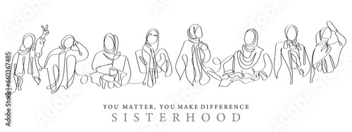 Line art concept vector of sisterhood in Islam. Hijab empowerment concept. Woman's day. Promote harmony and uplift eachother