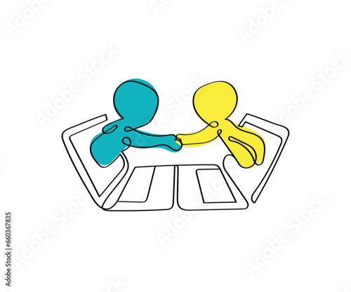 icon illustration. Line art vector of men sharing idea. Discussion concept.