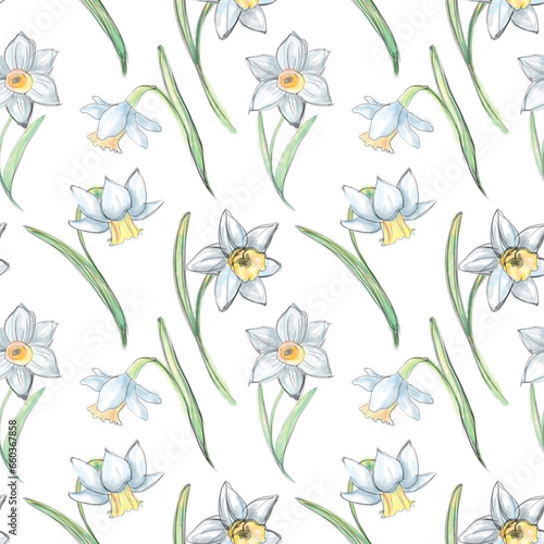 Seamless watercolor pattern with the image of narcissus. Background in botanical sketch style. Texture for fabric, packaging, backgrounds, wallpapers.