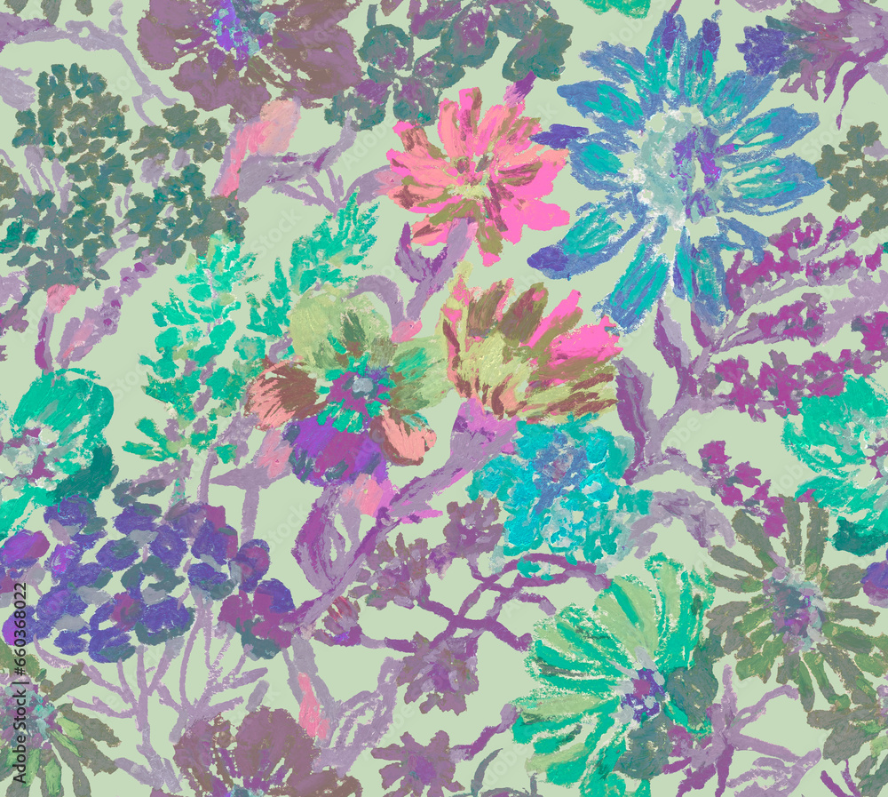 Seamless floral pattern with wild flowers hand drawn with oil pastels. Seamless background with multi-colored flowers.