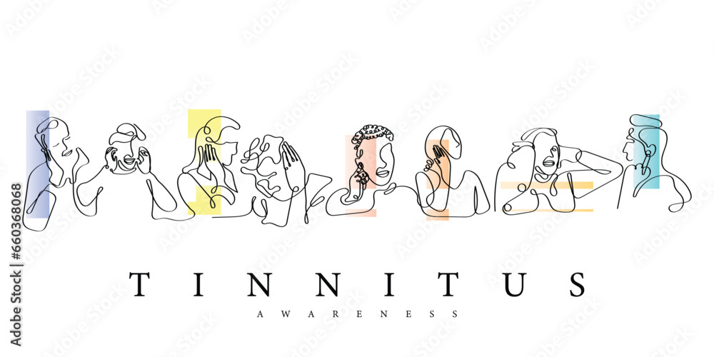 Line art vector of a person suffering from tinnitus. Ringing ears. Tinnitus awareness. - obrazy, fototapety, plakaty 