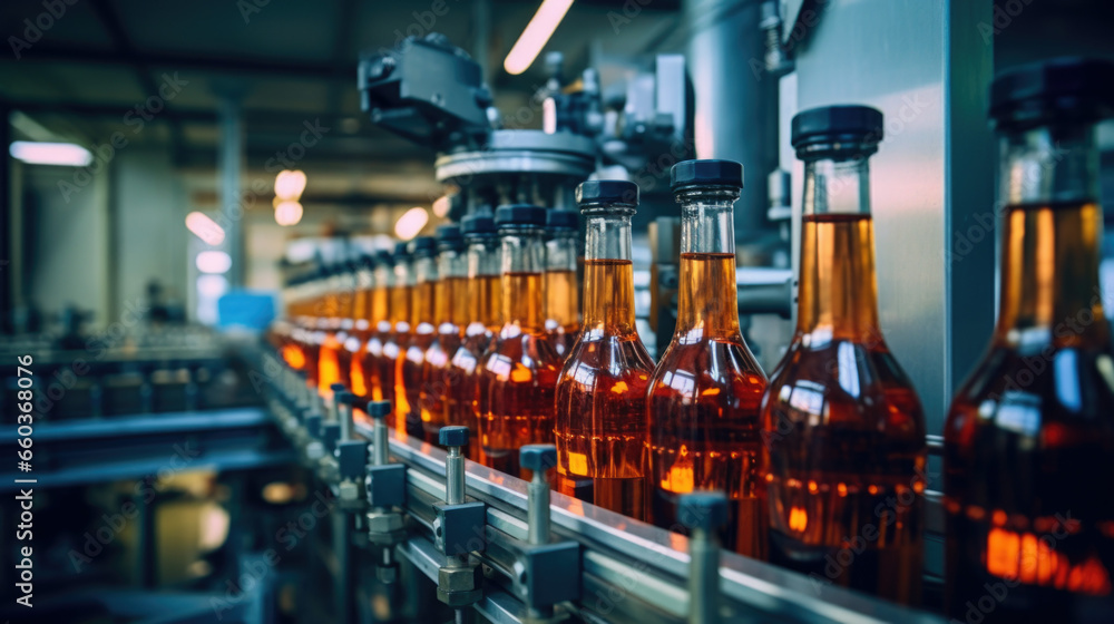 Bottling factory. Drink bottling line for processing and bottling into bottles. Bottling factory. Drink bottling line for processing and bottling into bottles.