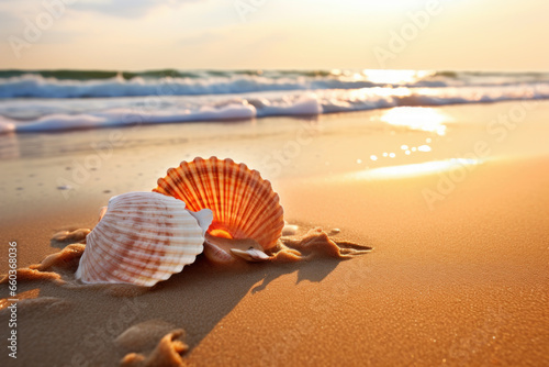 conch shells in beach shore in summer