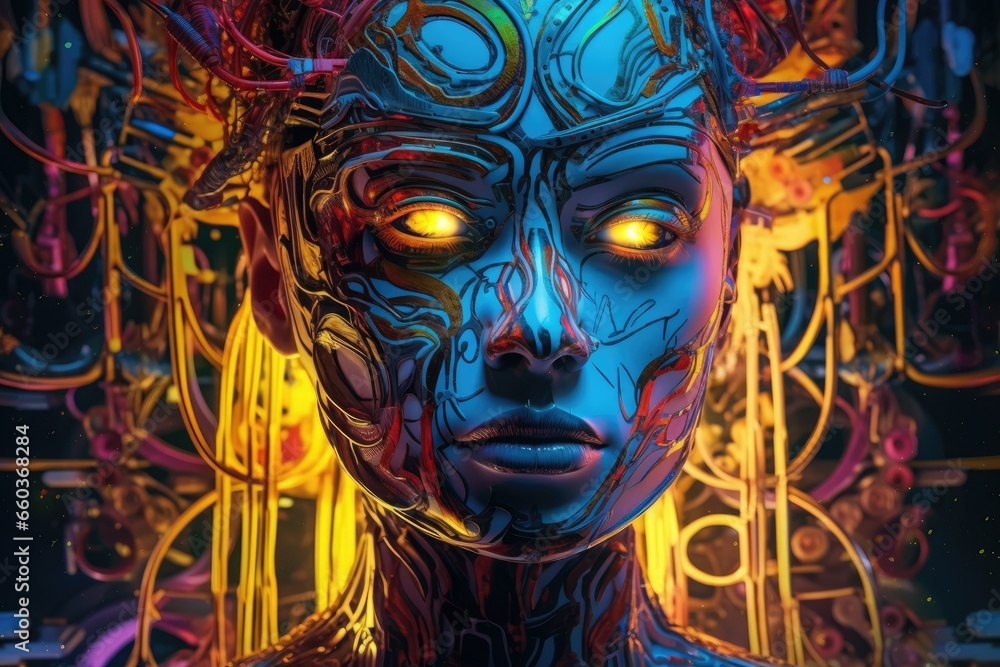 integrated hologram and technology elements over her face on futuristic background