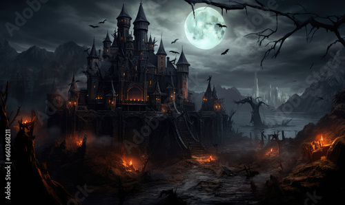spooky halloween castle with full moon and darkness