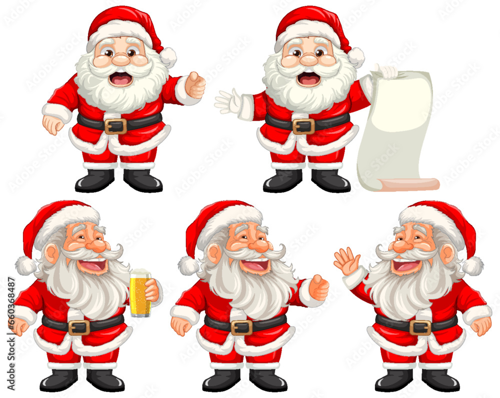 Cheerful Santa Claus Poses in Vector Illustrations