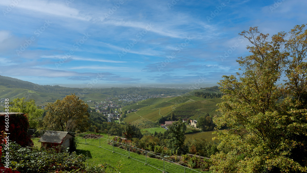 Obraz premium Badische Weinstraße, Ausblick vom Schloß Staufenberg