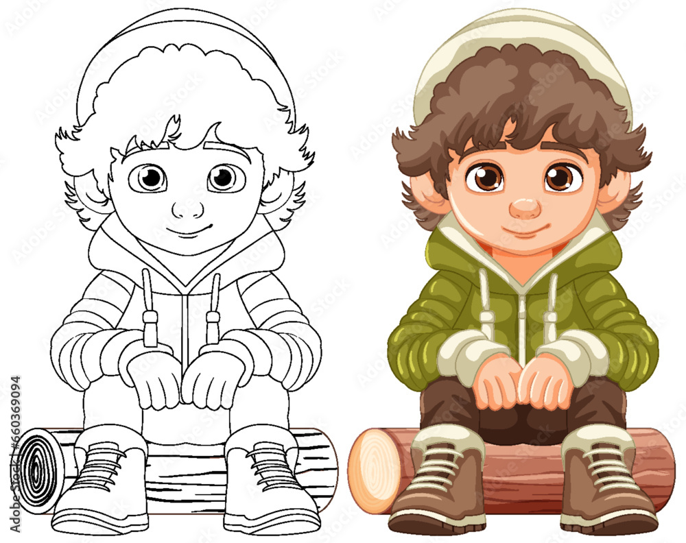 Cheerful Boy in Hoodie Sitting on Wooden Log Cheerful Boy in Hoodie Sitting on Wooden Log