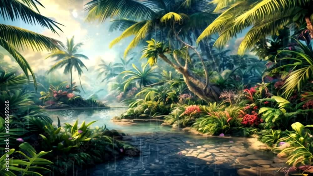 Beautiful landscape of tropical rainforest in fantasy style. Seamless looping 4K time-lapse virtual video animation background. Liquid paint anime landscape illustration. Beautiful landscape of tropical rainforest in fantasy style. Seamless looping 4K time-lapse virtual video animation background. Liquid paint anime landscape illustration.