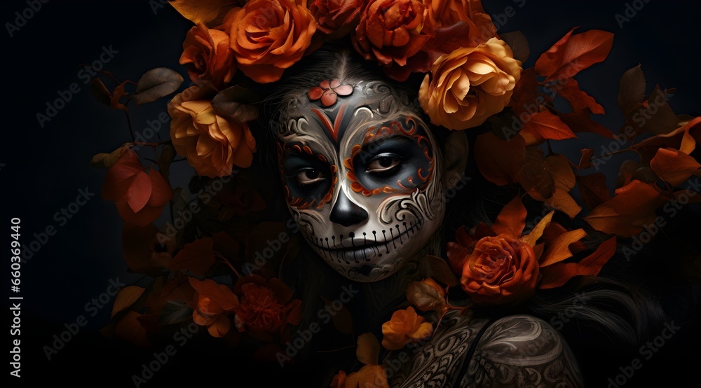 girl with skull makeup for the Day of the Dead in Mexico and Latin America, portrait, Halloween girl with skull makeup for the Day of the Dead in Mexico and Latin America, portrait, Halloween