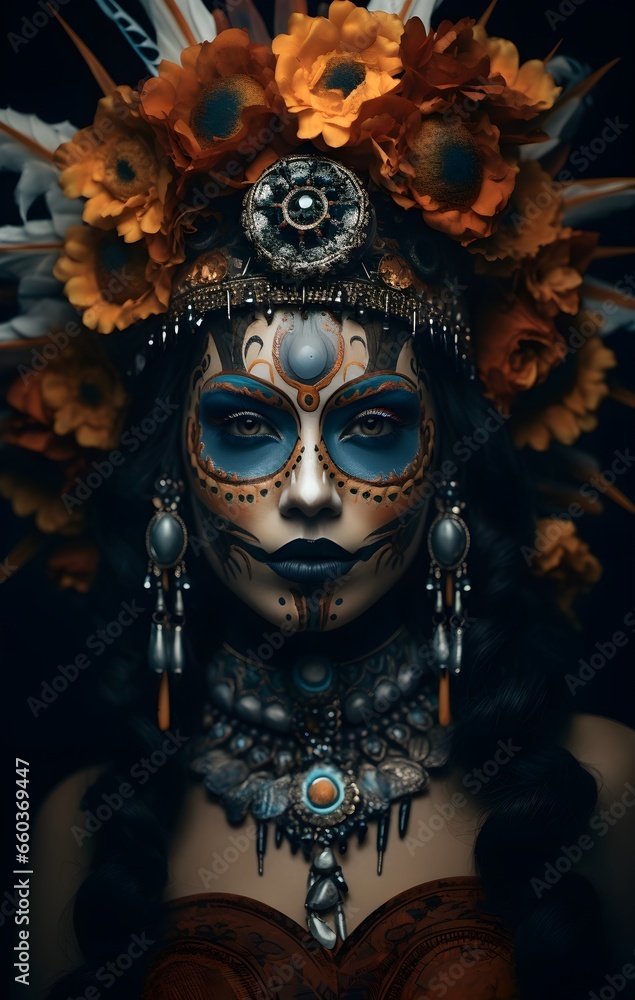 Naklejka premium girl with skull makeup for the Day of the Dead in Mexico and Latin America, portrait, Halloween