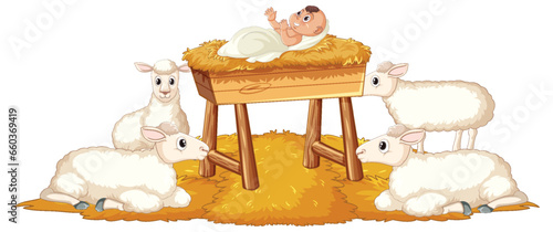 Infant Jesus Christ in Manger with Sheep