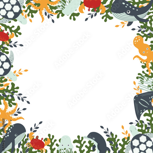 A composition template of marine inhabitants and plants, ideal for postcards, prints, invitations, birthday greeting cards. Seamless border. Vector illustration.