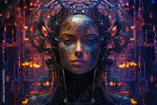 integrated hologram and technology elements over her face on futuristic background
