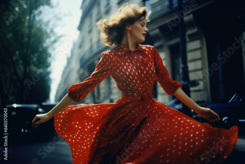 French woman dancing in the streets of Paris, lomography styled photo
