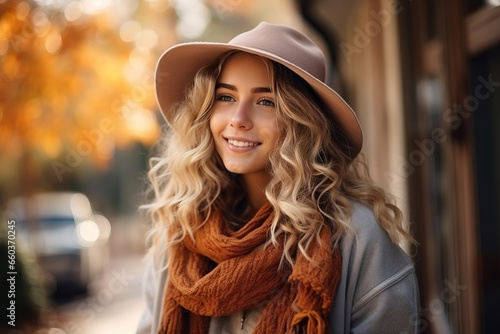 Portrait of a woman in autumn, with blur city in the background
