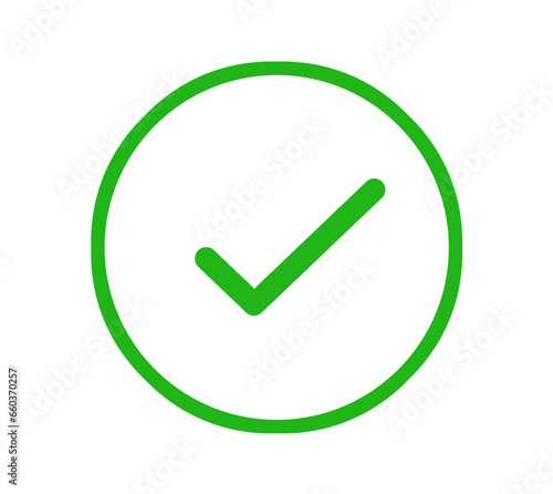 A green tick on a white circle illustration is seen © FRPhotos