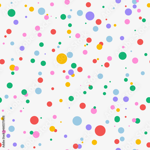 Colorful falling confetti on white background, seamless carnival pattern. Carnival polka Invitation. Falling festive dot background. Multicolored confetti carnaval design.