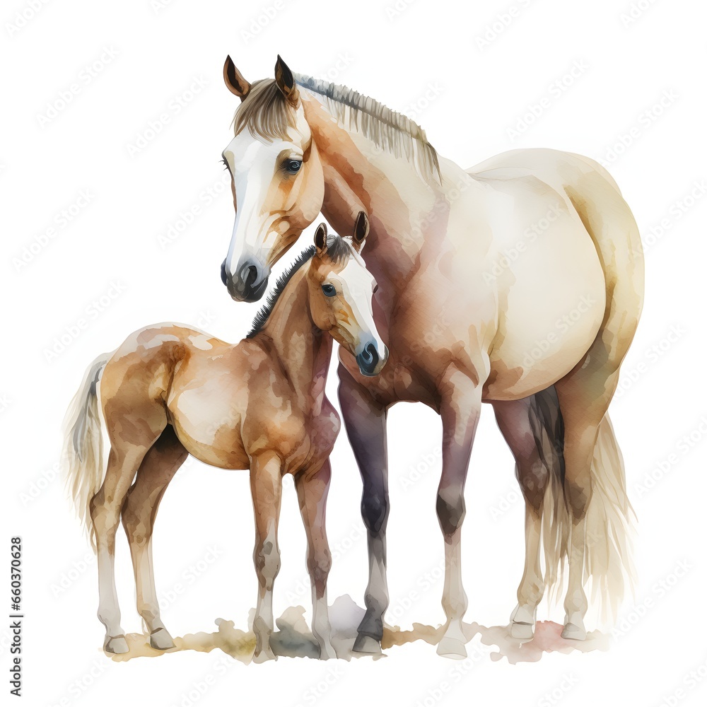 horse and foal cartoon watercolor white background 