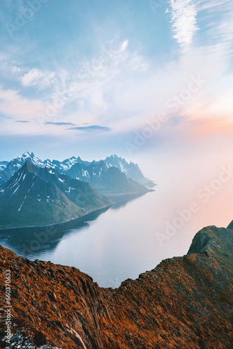 Fjord and mountains landscape in Norway  Senja island aerial view travel beautiful destinations sunset scenery scandinavian northern nature