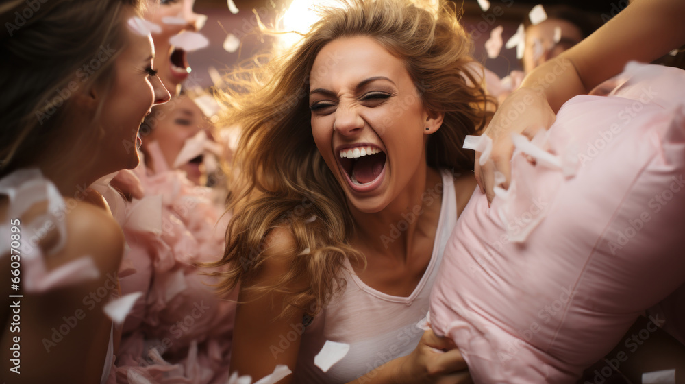 Beautiful young women in pink dresses having fun, fighting pillows. Beautiful young women in pink dresses having fun, fighting pillows.