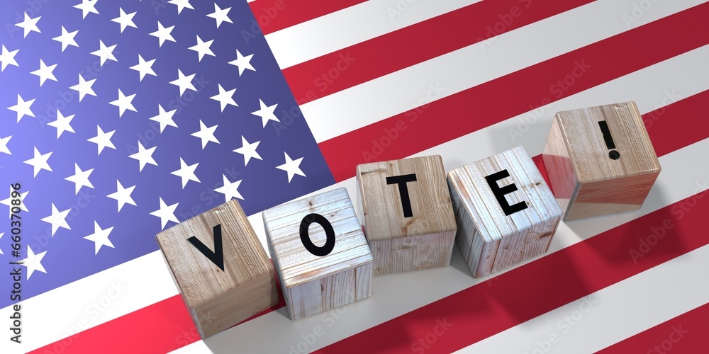 Obraz premium USA - vote cube words and national flag - election concept - 3D illustration