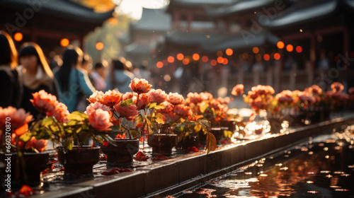 Pots with flowers in front of the Shinto shrine in Kyoto  Japan.