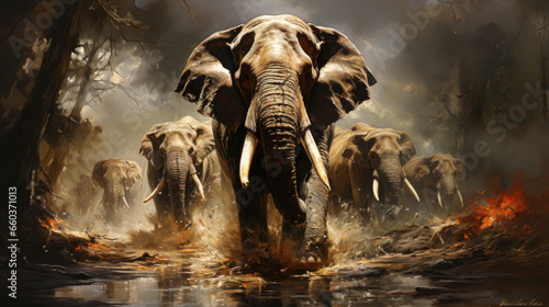 Elephant in the jungle in fight, 3d render illustration of a wild animal. © AS Photo Family
