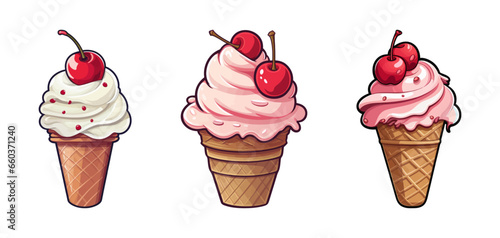 Ice cream cone with a cherry. Cartoon vector illustration