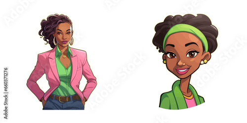 African cartoon woman in pink and green. Vector illustration