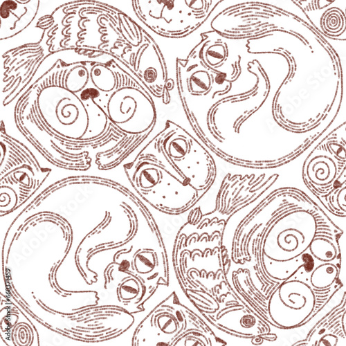Seamless pattern with cute cats on an isolated background. Drawing in the form of a sketch with a charcoal pencil. Illustration for fabrics, clothes, wallpapers, wrapping paper, stationery.