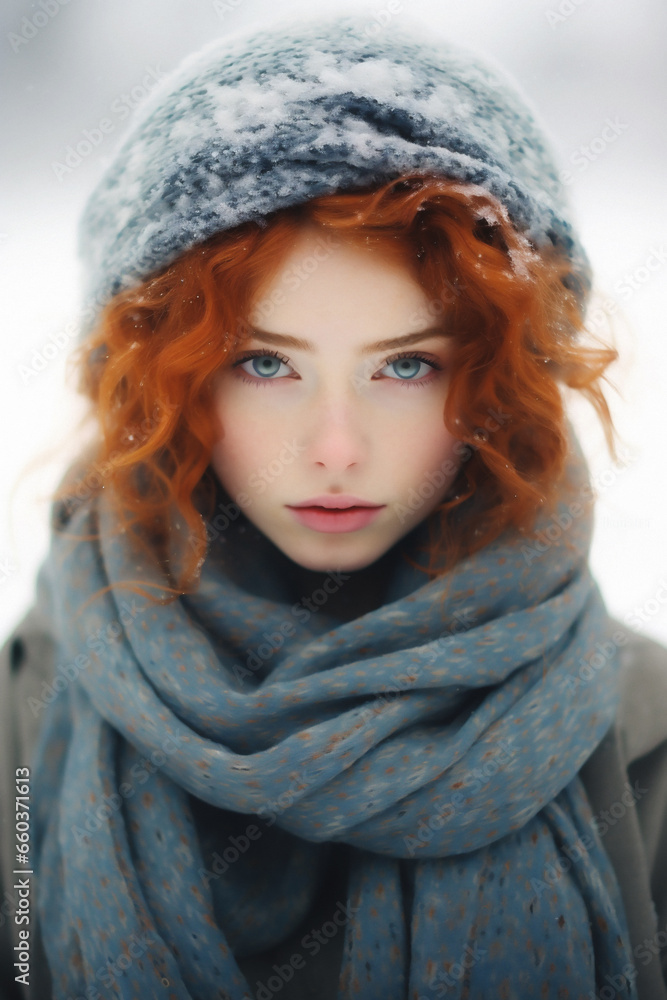 Young redhead woman looking confidently at the camera in warm winter clothing. Young redhead woman looking confidently at the camera in warm winter clothing.