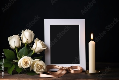 White roses with ribbon and photo frame on black background.Funeral Concept