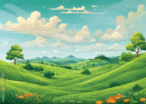 Lush green hills and mountains over a green landscape with a beautiful river.